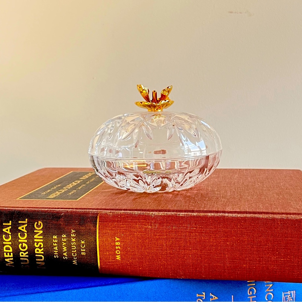Vintage Royal Crystal Rock Jewelry/Trinket Dish with Gold Flower Handle